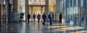 a group of employees in uniforms conducting security checks at a government building entrance.