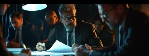 a group of professionals in suits discussing paperwork and charts around a conference table.
