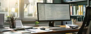 a desk with paperwork and a computer screen displaying a government website for processing registry renewal fees.