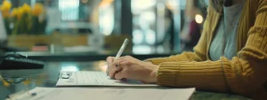 a person filling out paperwork at a government office.