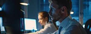 government officials working on computer systems in an office setting to process federal registrations.
