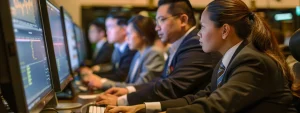 a group of employees in suits reviewing computer screens with lines of code during a federal data processing meeting.