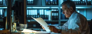 government officials reviewing paperwork at a computer workstation.