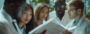 a group of employees reviewing a large binder of regulations with serious expressions.