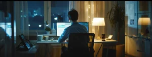 a person sitting at a computer, updating their sam profile with information tailored for small businesses seeking federal contracts.