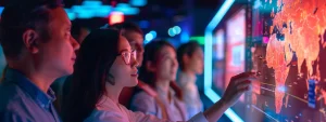 a group of professionals gathered around a computer screen, discussing and analyzing data.