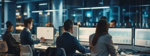 people in business attire working at computer terminals in a modern office setting.