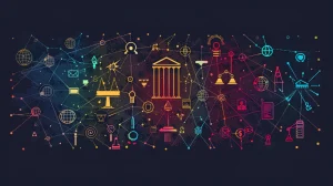 Create an image featuring 13 distinct, symbolic icons such as a gavel, contract, government building, award, etc., all intertwined in a vibrant network of interconnected lines and dots.