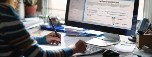 a person filling out paperwork on a computer screen labeled "system for award management (sam)".