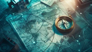 Show a compass resting on a map, marked with government buildings, all surrounded by grant paperwork. Highlight SAM (System for Award Management) as a bright guiding star