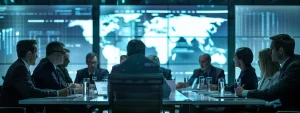 a group of federal agency employees reviewing and discussing audit trail practices in a meeting room.