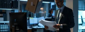 government officials reviewing paperwork in a secure office with computers and files.
