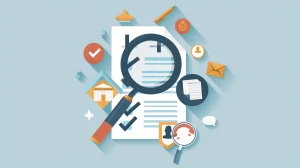 Illustrate a magnifying glass inspecting a checklist, with symbolic icons for government buildings, vendors, and registration tick marks, all set against a neutral background.