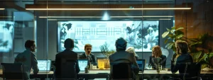 a group of people reviewing a detailed flowchart of federal processing standards and guidelines in a conference room.