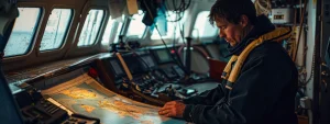 a person on a boat, looking at a map of sam and federal processing routes.