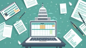 Show a calendar with highlighted dates, a stylized government building, and a laptop displaying a SAM registration form, all on a desk filled with contract papers and a pen