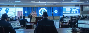 government officials working on computers in an office with screens displaying the federal processing registry and system for award management (sam).