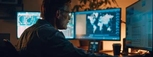 a government official entering data into the system for award management (sam) database on a computer screen.
