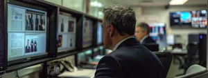 government officials working diligently at a computer terminal with a screen displaying the federal processing registry and the system for award management (sam).