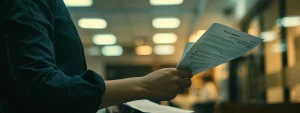 a person submitting paperwork at a government office.