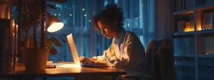 a person sitting at a computer filling out paperwork for sam renewal and registration.