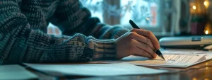 a person sitting at a desk filling out paperwork for sam renewal.