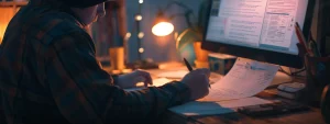 a person filling out paperwork on a computer for sam renewal and registration.
