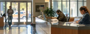 people filling out paperwork at a government office for sam renewal.